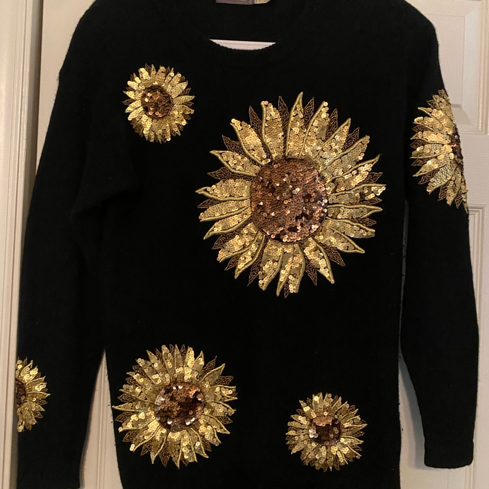 Marisa Christina Black Sweater with Gold Sequin Sunflower Appliqués